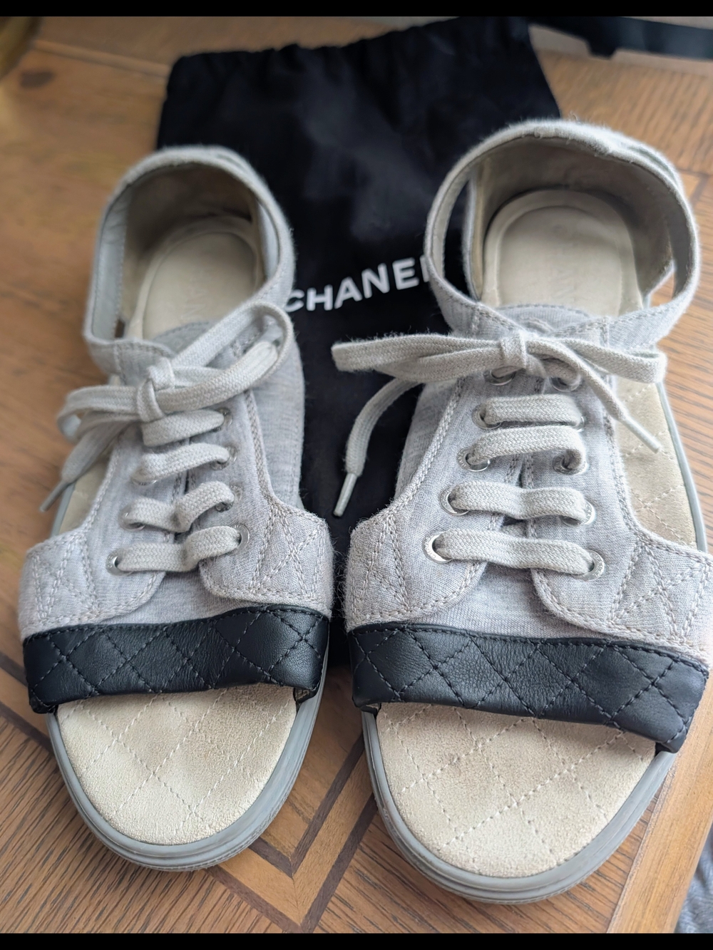 Chanel Gray & Black Quilted Lace-Up Sandals Size 37